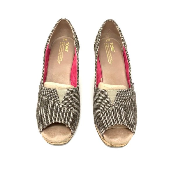 Toms Toe Peep Wedges Classics Metallic Tweed Sz 7 - Picture 3 of 8
